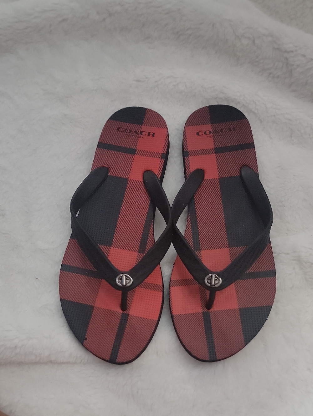 Coach Red and Black Plaid Flip Flop Sandals